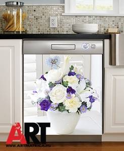 Fehér kék virágcsokor mosogatógép öntapadós matrica 0